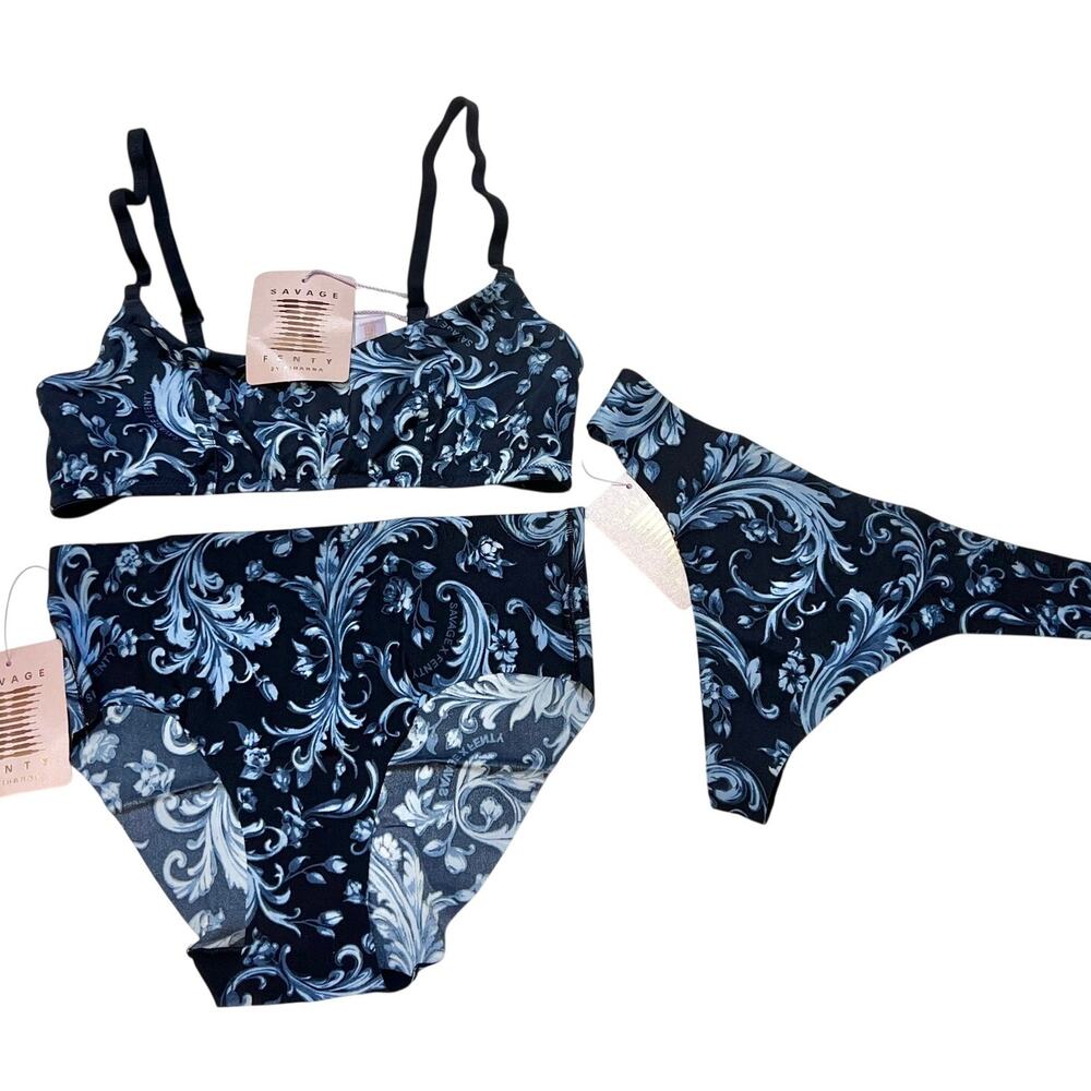 Rianna's Savage X Fenty Lingerie Set Bralette Panty Thong Lot Damask Floral XS